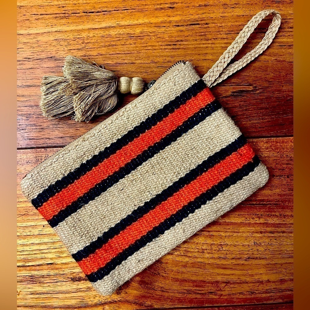 J Jill Jute Striped Wristlet with Tassel  / Orange and Navy / Lined